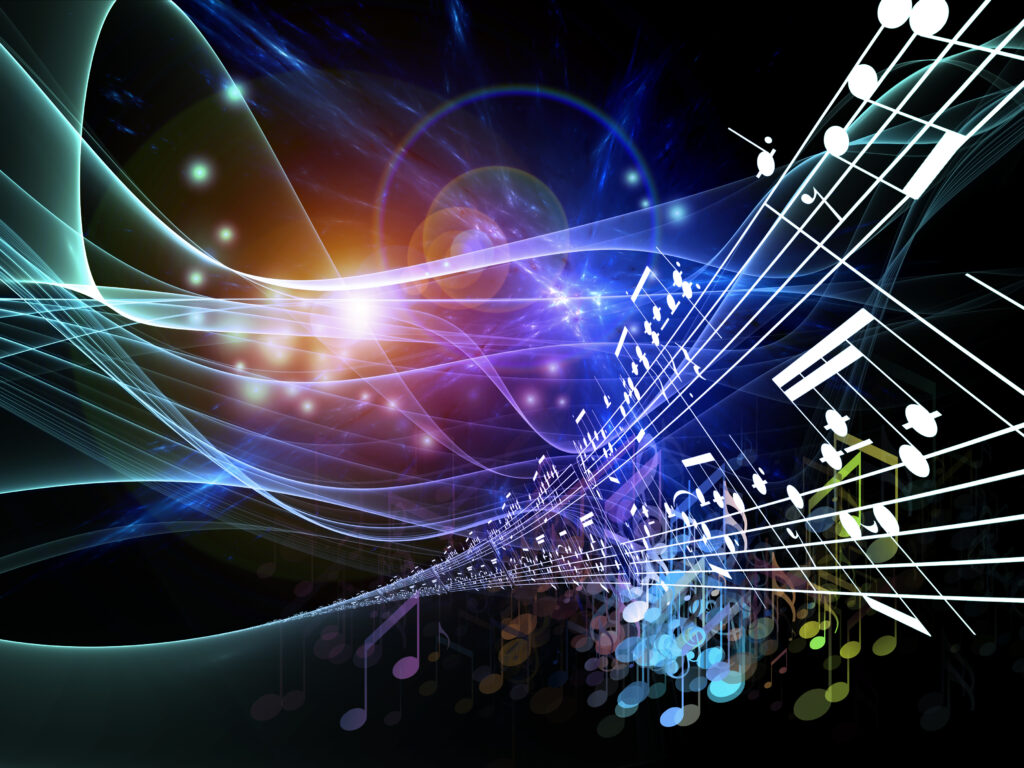 Grafika z nutami i falami dźwiękowymi, produkcja audio-video